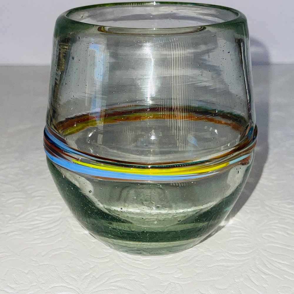 Hand Blown Art Glass Tumbler Multi Color Ribbon Wrap Seed Bubbles 4 Inch